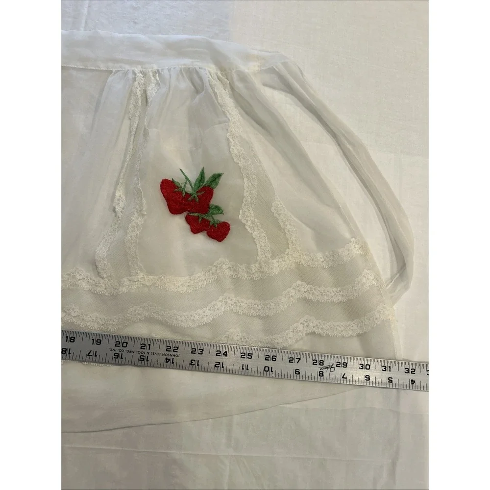 Vintage 1940s Sheer Organdy Eyelet Half Apron Women OS White Strawberry Floral